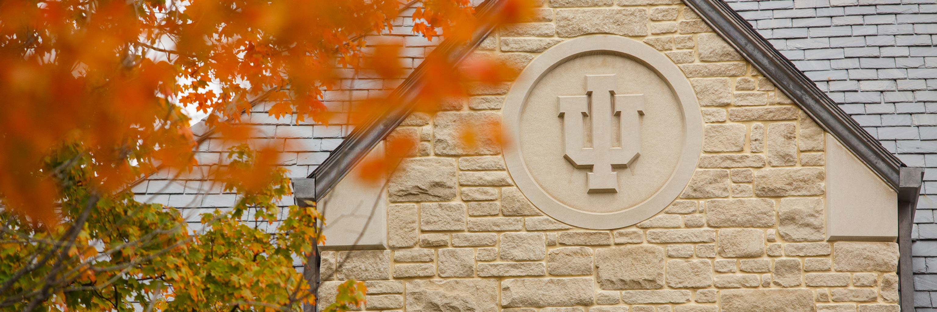 Autumn image of Indiana University logo carved on building