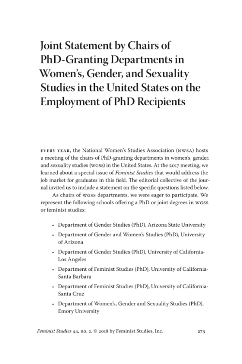 Joint Statement by Chairs of PhD-Granting Departments in Women's, Gender, and Sexuality Studies in the United States on the Employment of PhD Recipients